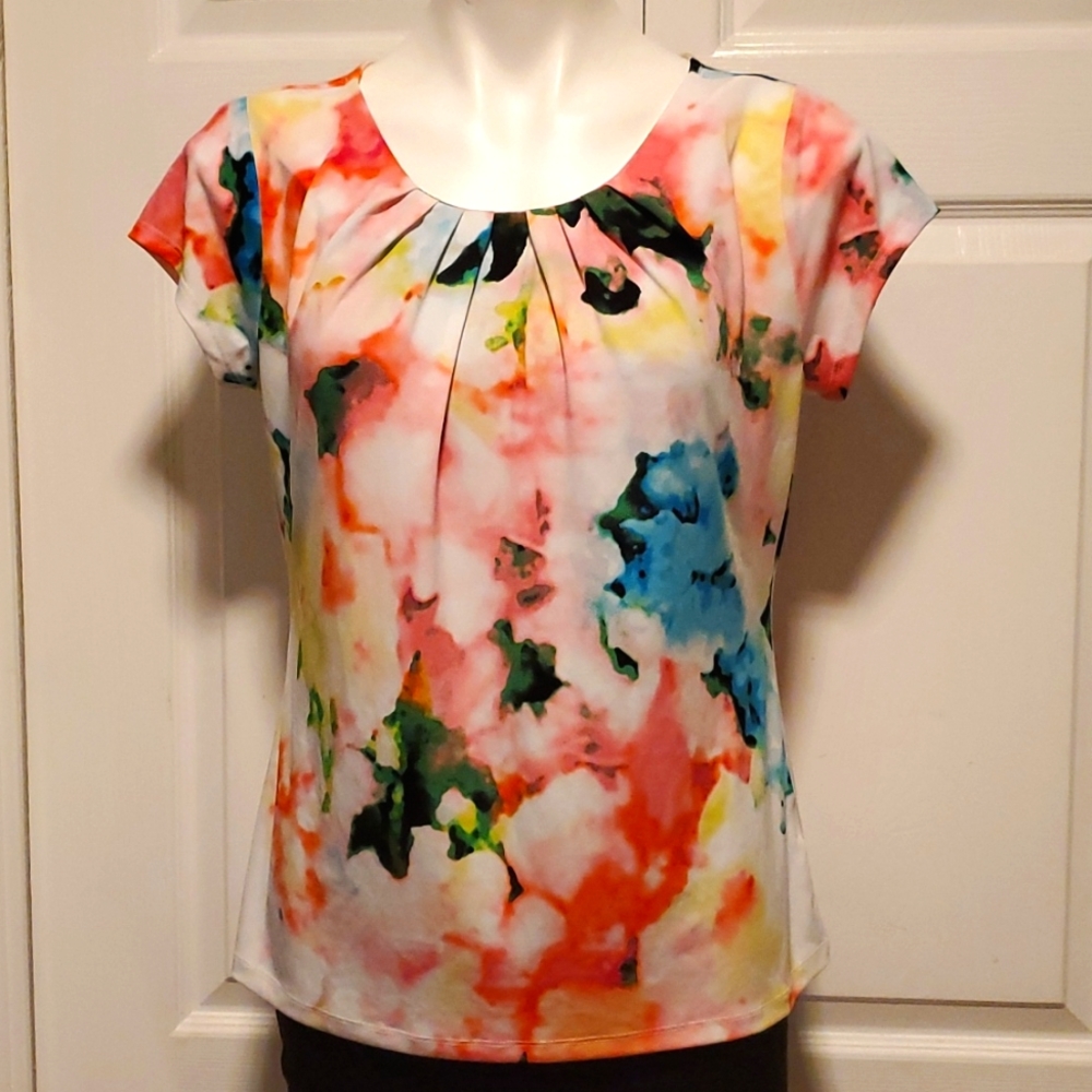 Worthington Petite Women's Multi Color Watercolor Round Neck Top - Size PL
